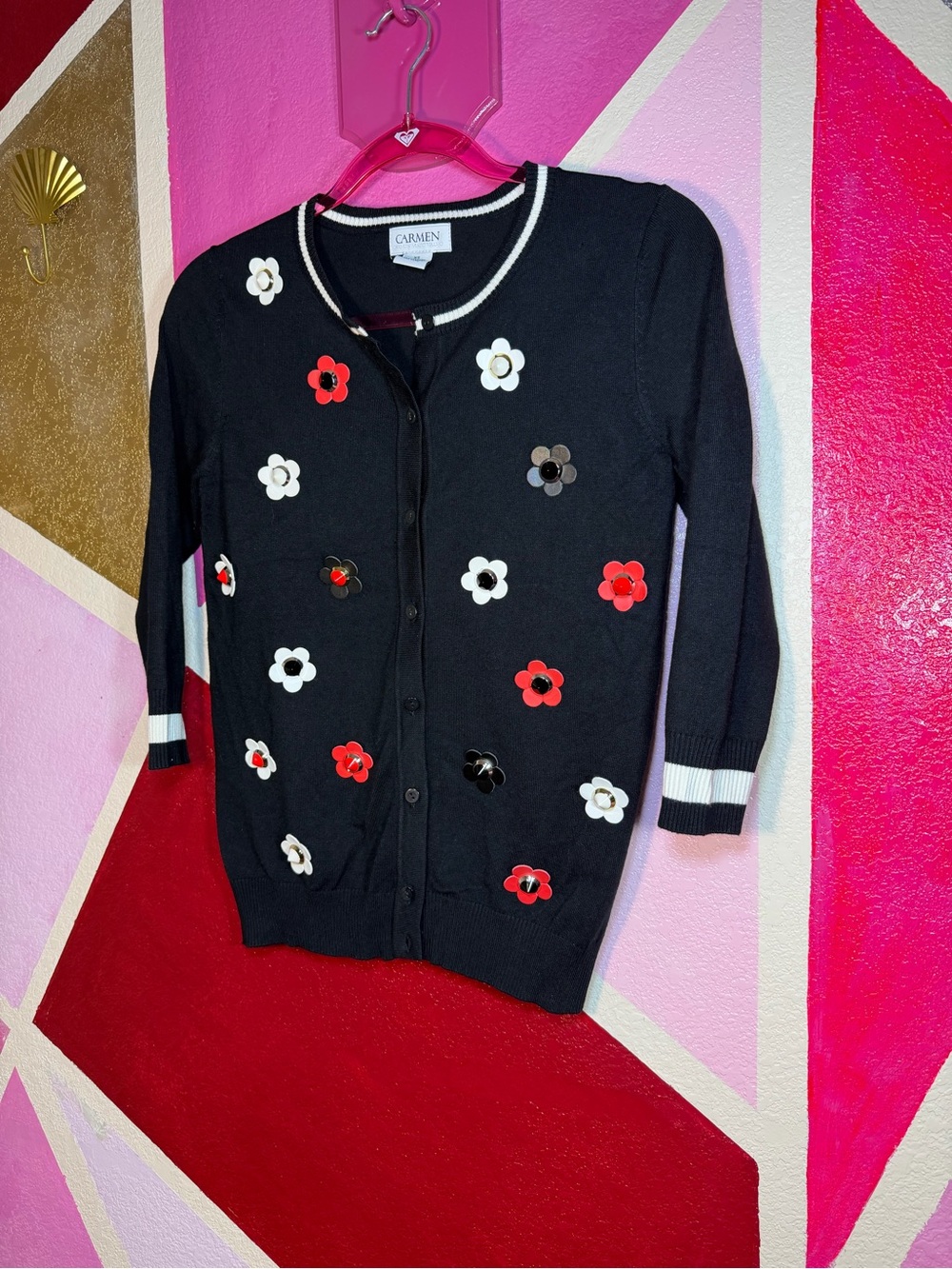 Carmen Marc Valvo Black Floral Studded Cardigan Sweater XS